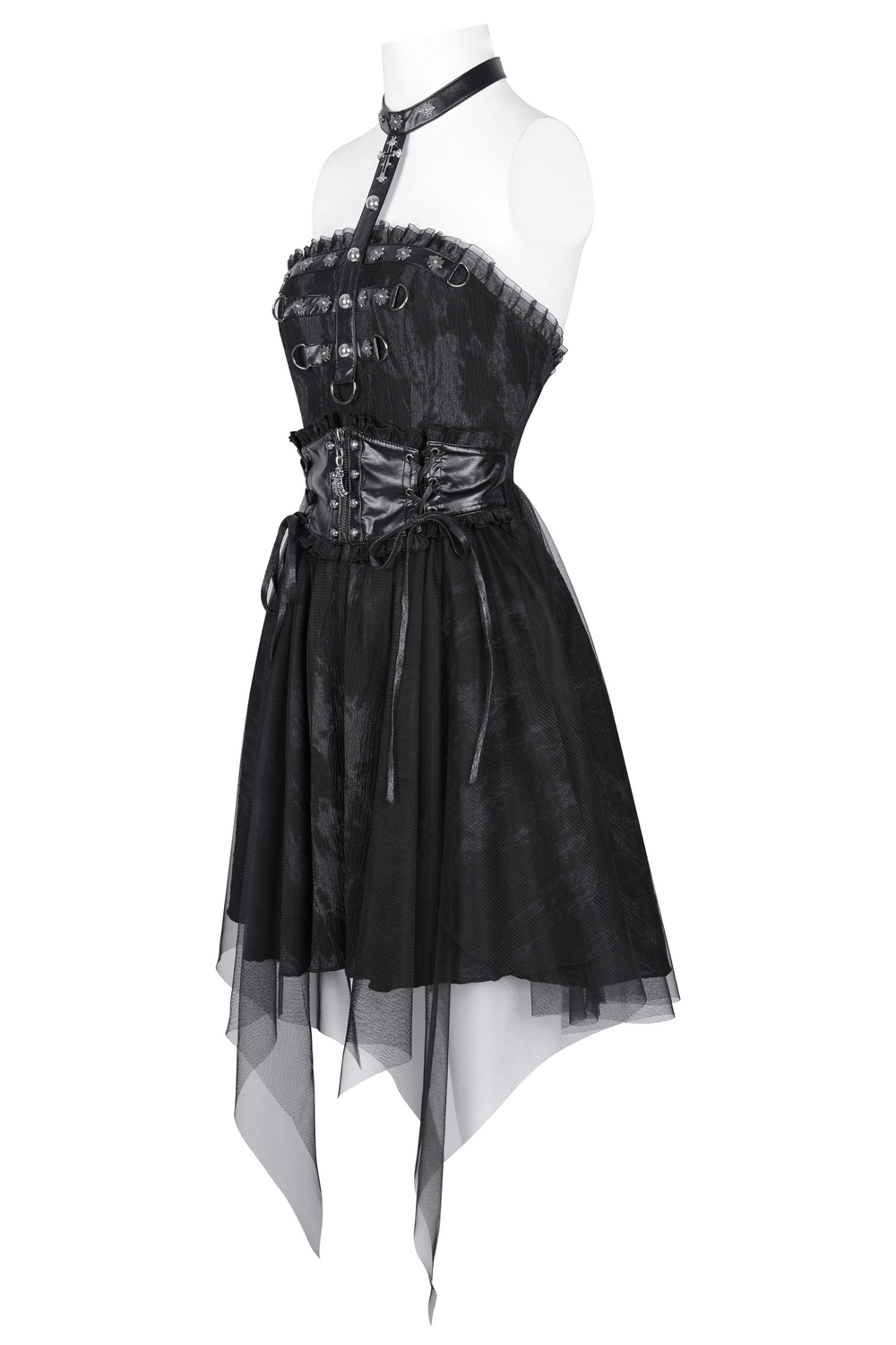 Gothic halter mini dress with leather straps, lace-up back, and flowy tulle layers for edgy elegance.
