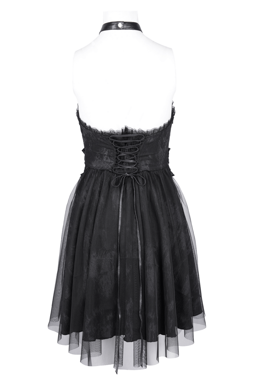Back view of gothic halter mini dress with lace-up design and layered tulle skirt, perfect for dark fashion lovers.