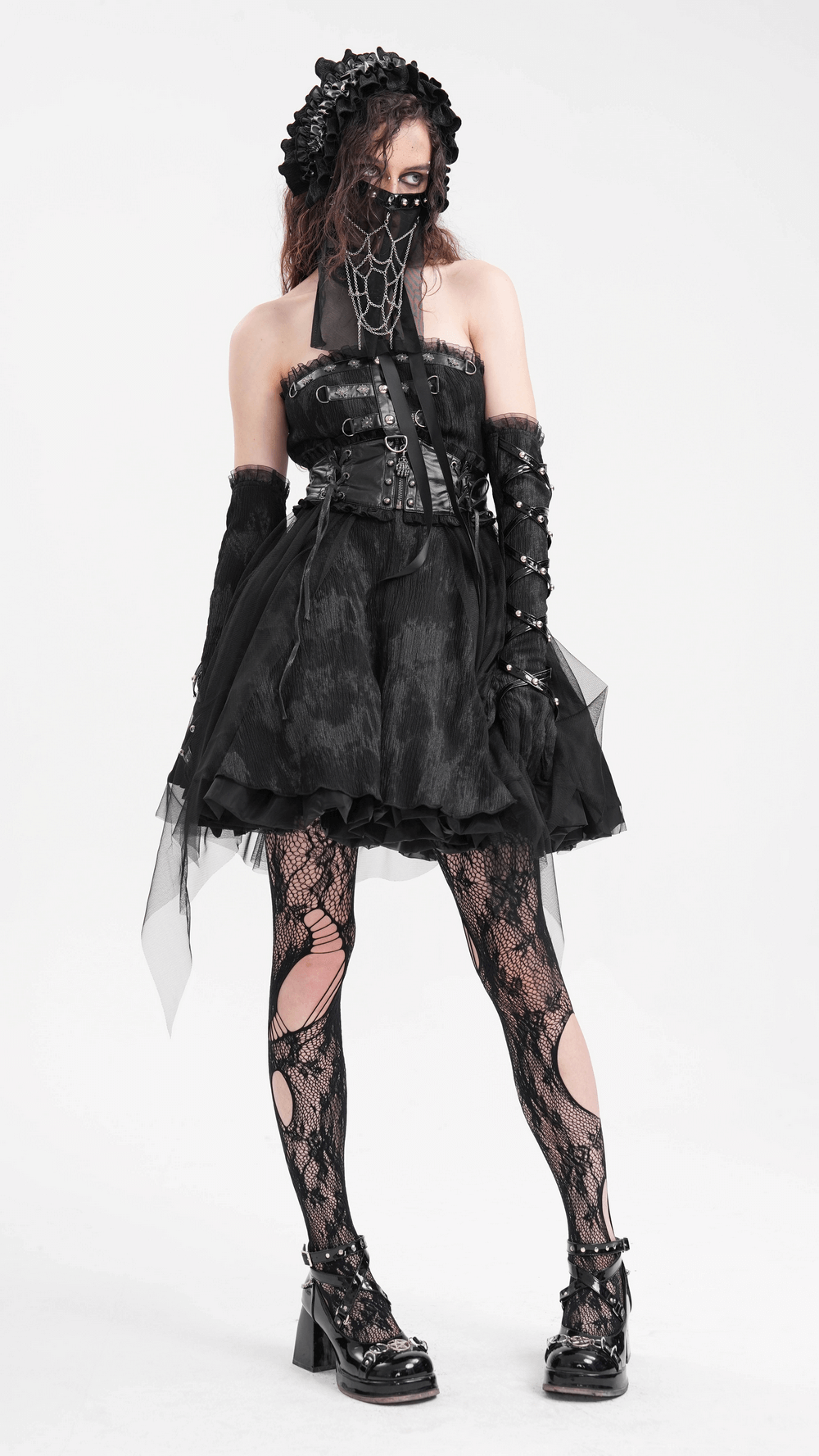 Gothic Halter Mini Dress with Lace-Up Back and Mesh Layers Gothic Halter Mini Dress with Lace-Up Back and Mesh Layers