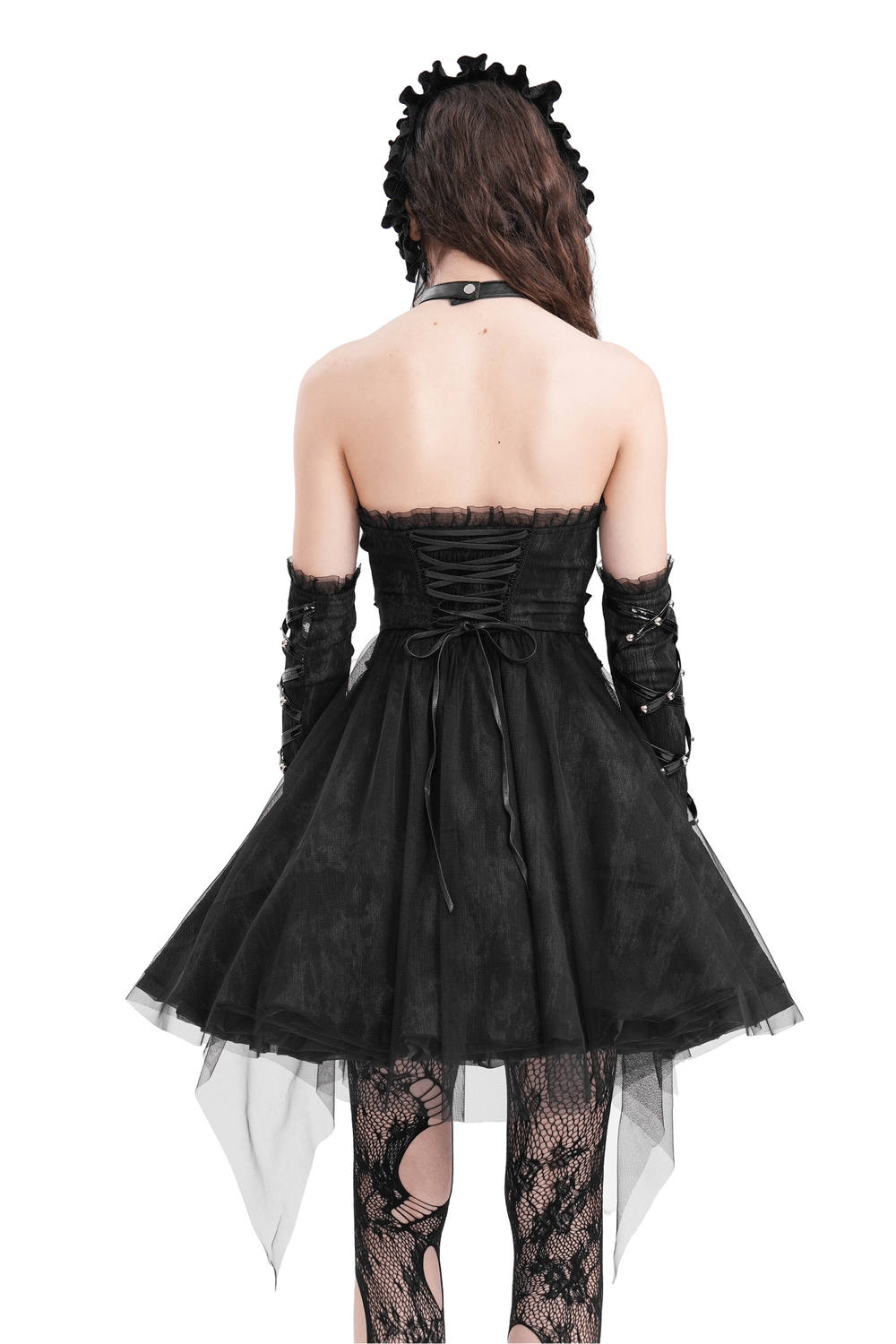 Back view of a gothic halter mini dress with lace-up detailing and layered tulle skirt, perfect for dark fashion lovers.