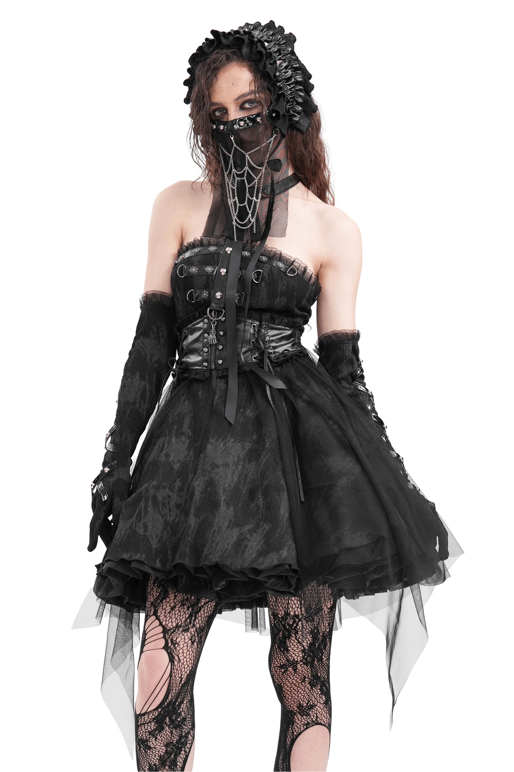 Gothic halter mini dress with lace-up back, tulle layers, and lace gloves for a dark fashion statement.