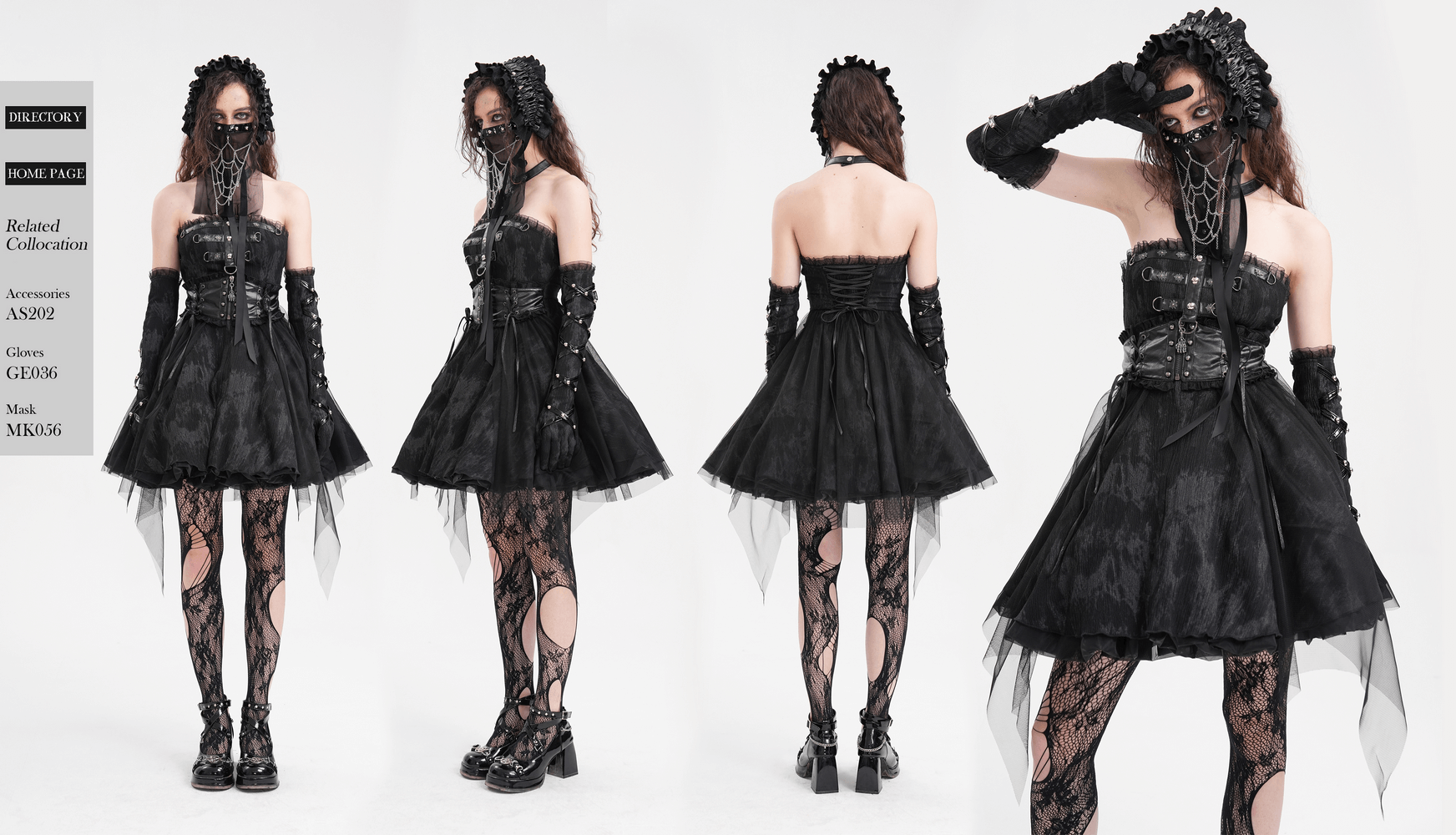 Gothic halter mini dress with lace-up back, leather straps, and layered tulle skirt for edgy elegance.