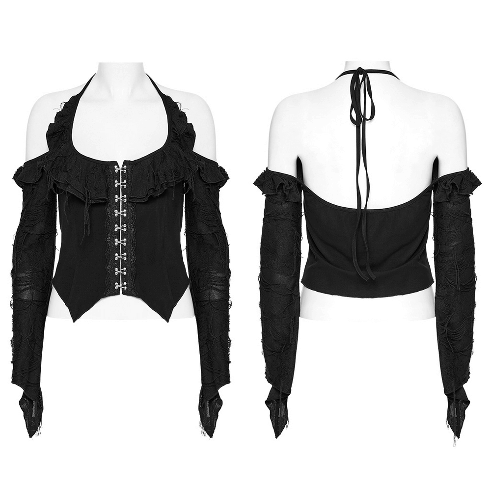 Gothic halter top with ruffles and detachable sleeves, featuring metal clasps and a dramatic pointed hem.