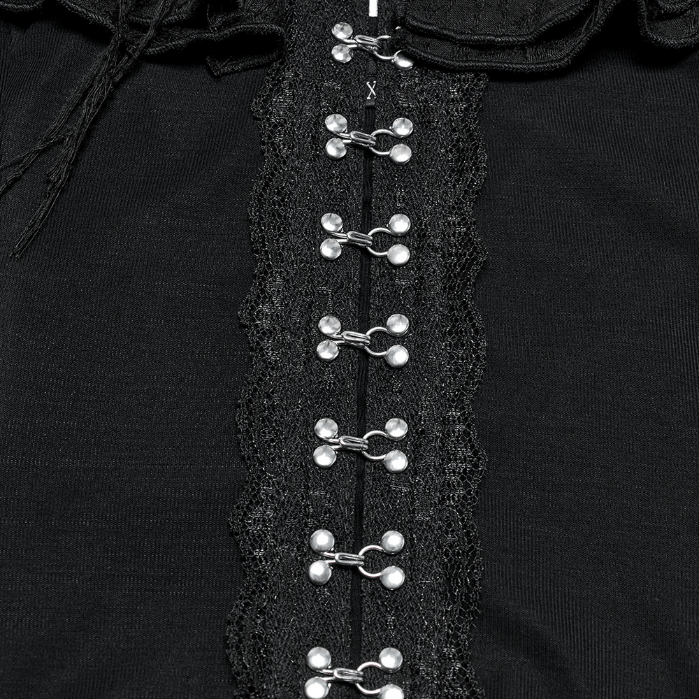 Close-up of Gothic halter top with ruffled neckline and metal clasps for a dramatic look.