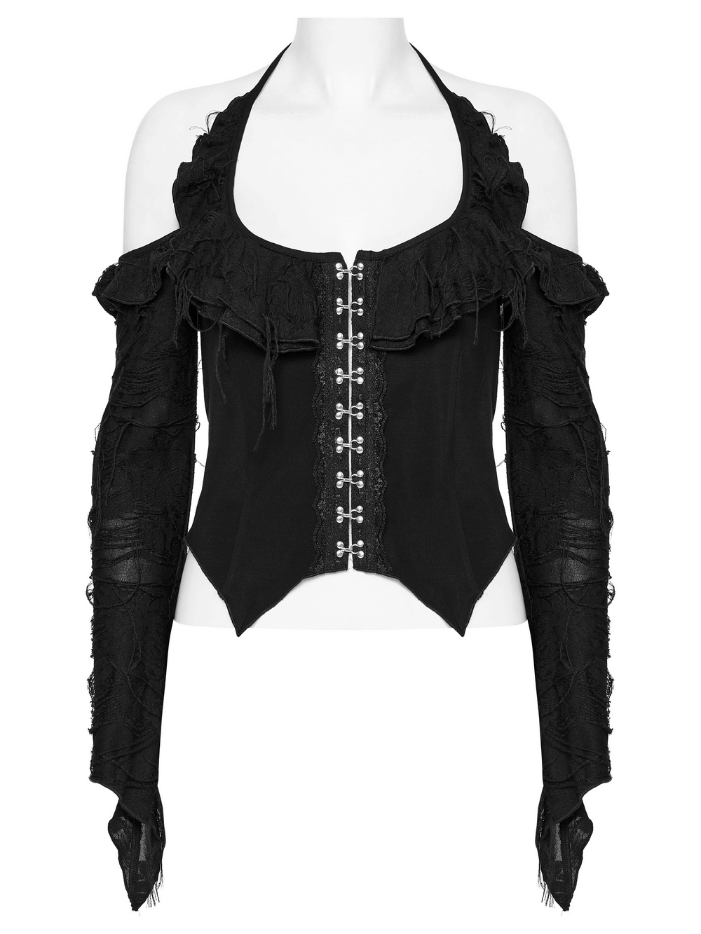 Gothic halter top with ruffles, detachable sleeves, and metal clasps for a bold alternative fashion statement.