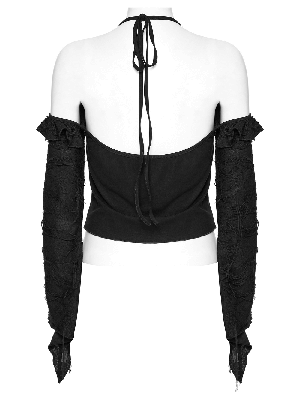 Back view of Gothic halter top with ruffles and detachable sleeves, showcasing elegant design and texture.