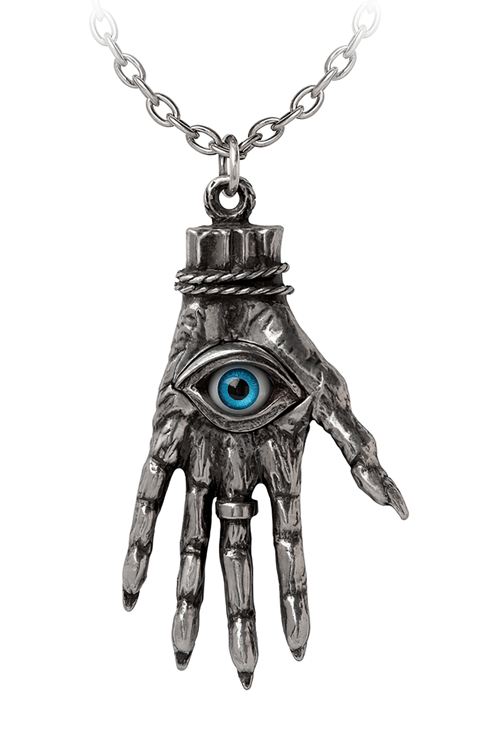 Gothic Hand of Glory pendant featuring a skull and blue inlaid eye, crafted in fine English pewter.