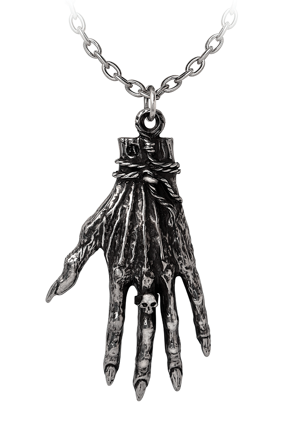 Gothic Hand of Glory Pendant with skull detail and eerie mummified hand design, crafted in fine pewter.