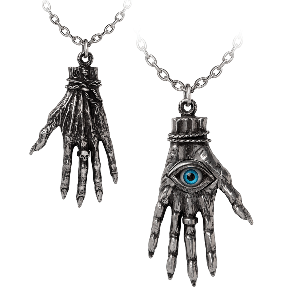 Gothic Hand of Glory pendant with inlaid eye and skull detail, crafted in fine English pewter for the occult aesthetic.