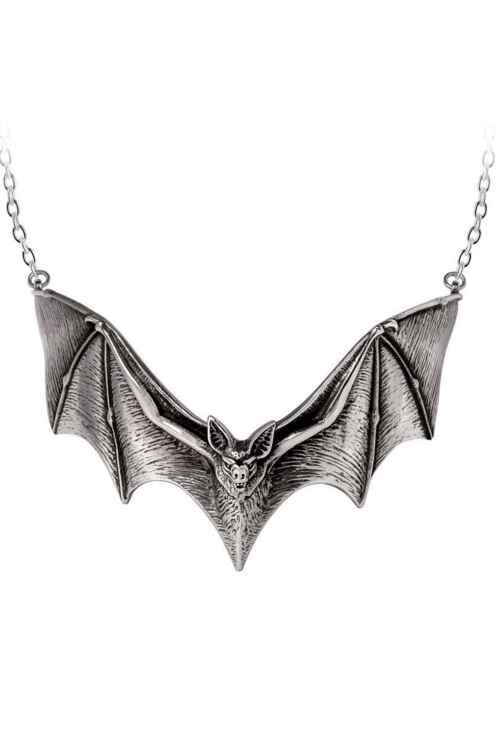 Gothic pewter bat choker necklace with intricately detailed design, perfect for edgy fashion enthusiasts.