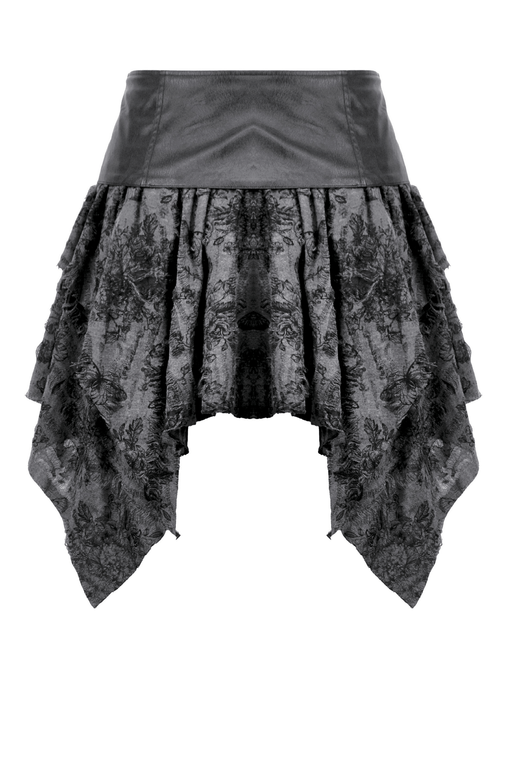 Gothic handkerchief hem skirt with faux leather waist and lace-up details, featuring dark floral jacquard texture.