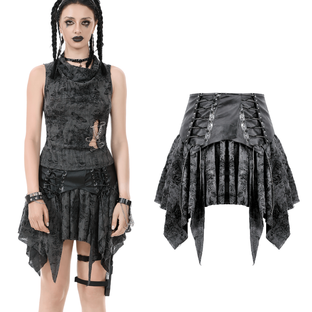 Gothic handkerchief hem skirt with faux leather waist, lace-up details, layered look, perfect for punk style.