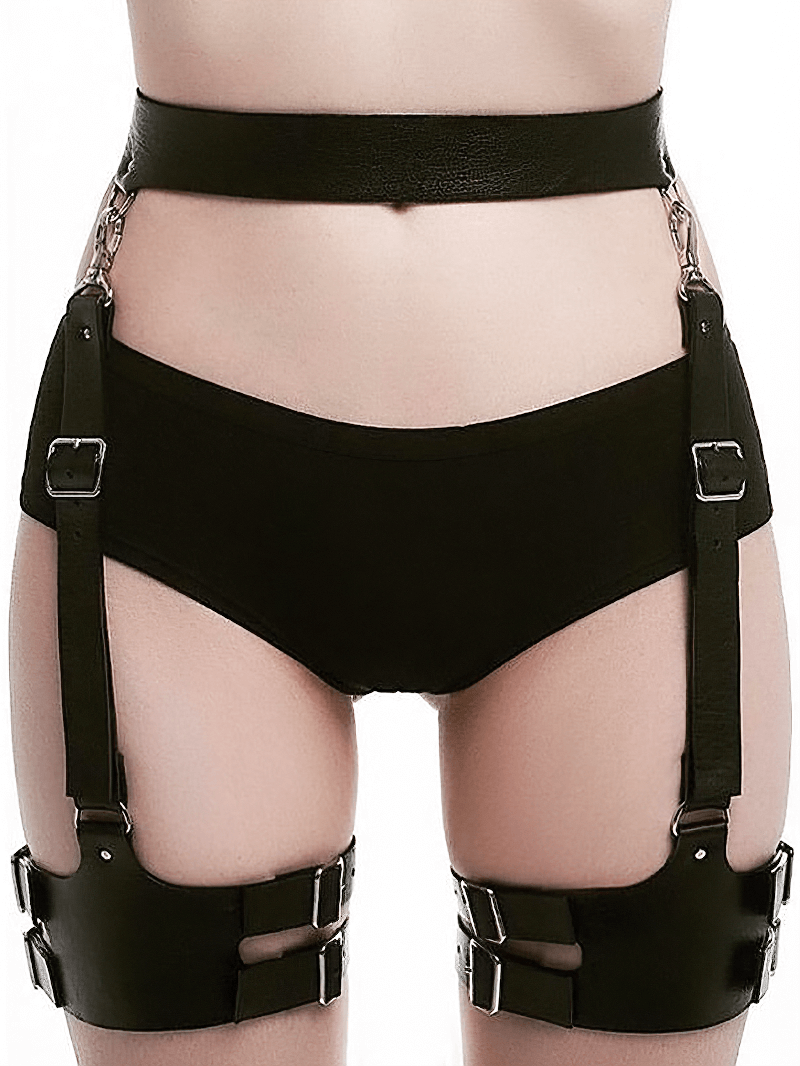 Gothic handmade leather body harness with stylish metal elements for women, perfect for parties and edgy fashion.
