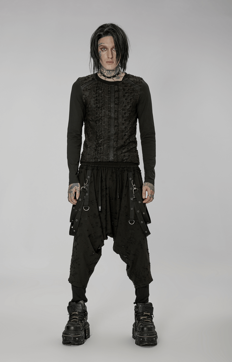 Gothic Harajuku black pants with detachable loops and edgy oversized top, styled for a bold avant-garde look.