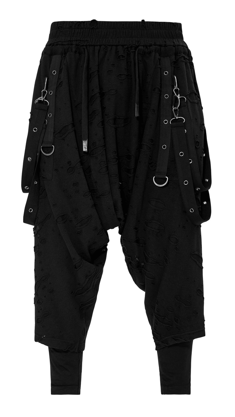 Gothic Harajuku black pants with detachable loops and adjustable elastic waist, capturing avant-garde street style.