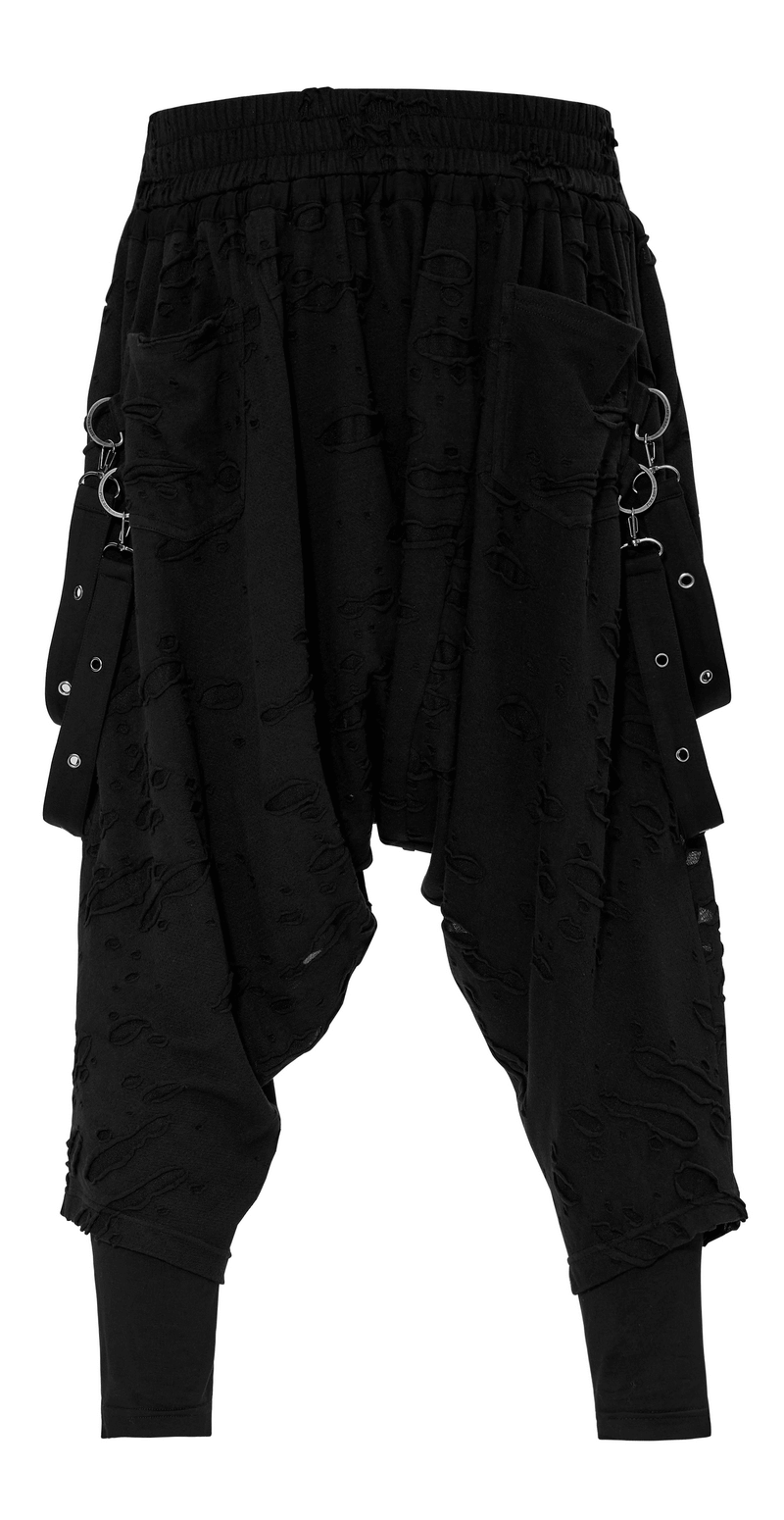 Gothic Harajuku black pants with detachable loops, featuring a loose crotch and edgy design for avant-garde style.