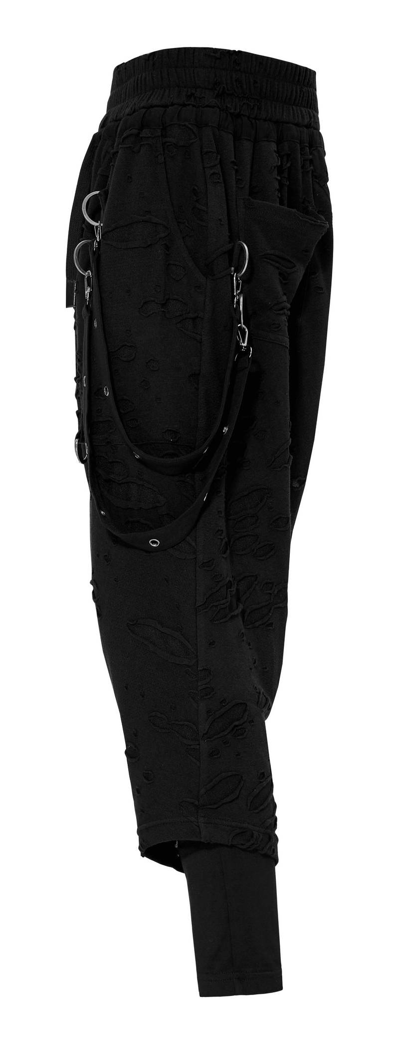 Gothic Harajuku black pants with detachable loops, featuring a loose crotch design and edgy hole details.