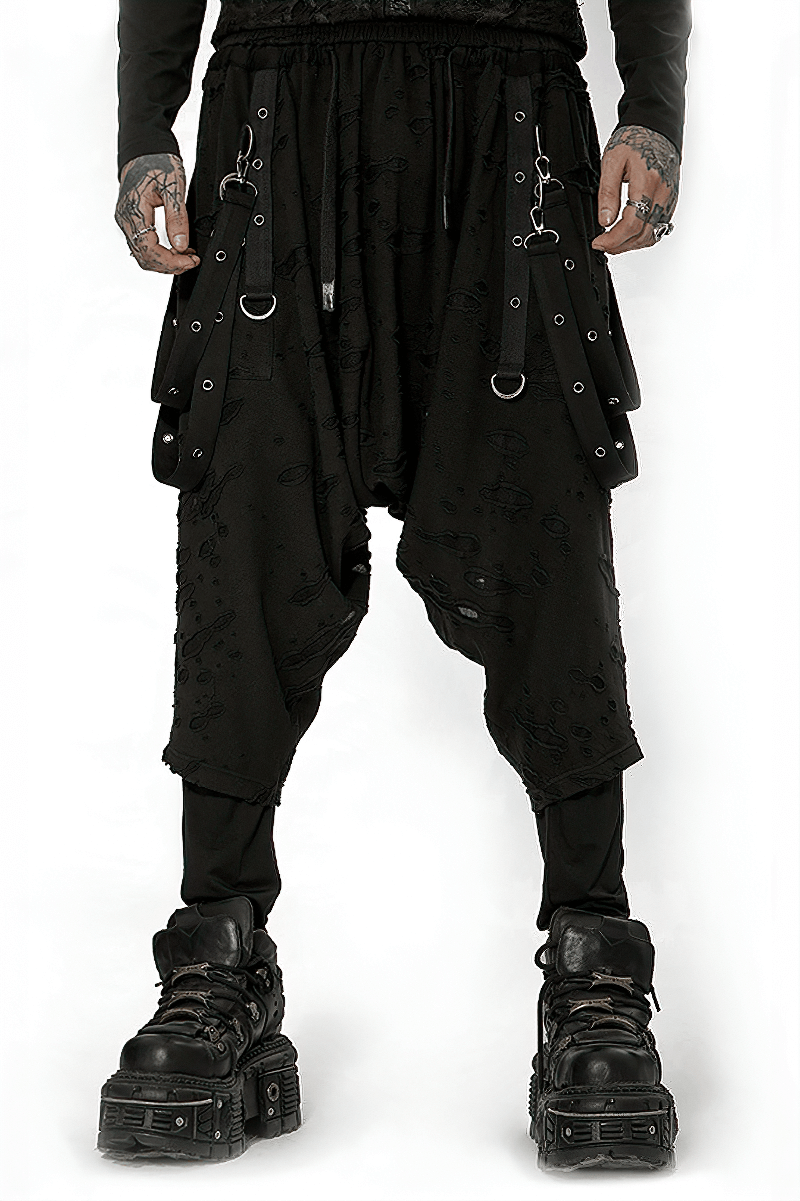 Gothic Harajuku black pants with detachable loops and edgy design, perfect for unique avant-garde style.