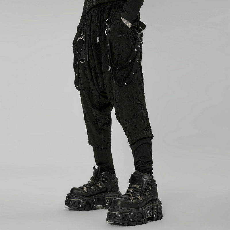 Gothic Harajuku black pants with detachable loops and edgy details, paired with chunky platform boots.