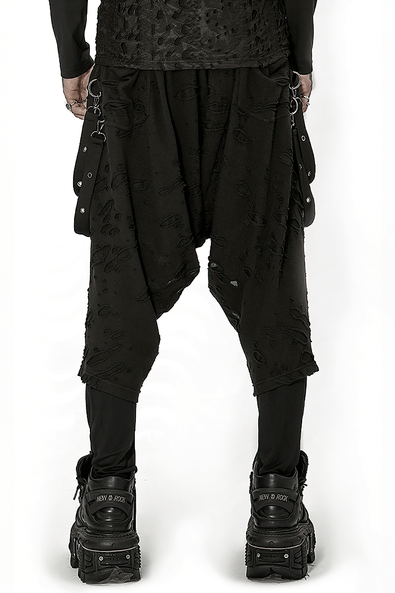 Gothic Harajuku black pants with detachable loops, featuring a loose crotch design and stylish hole patterns.