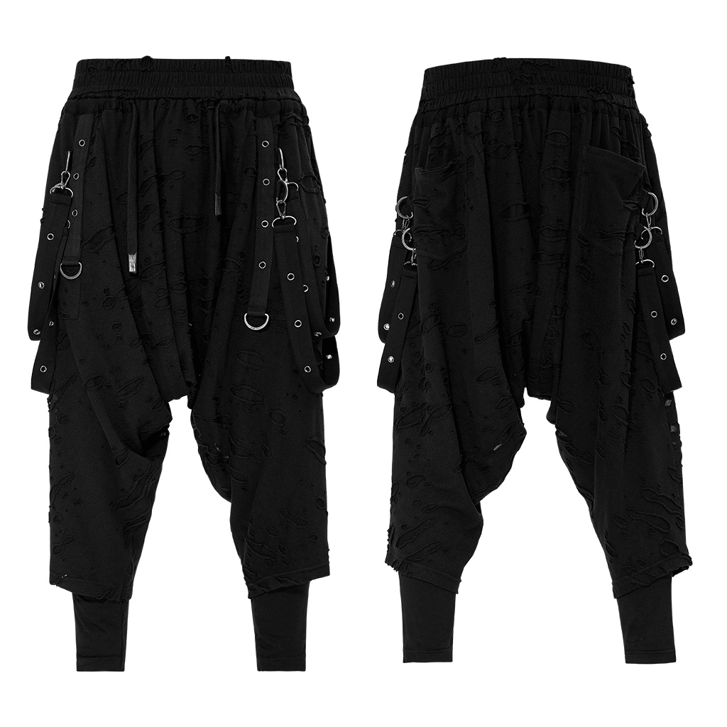 Gothic Harajuku black pants with detachable loops, featuring a loose crotch style for edgy comfort and unique fashion.
