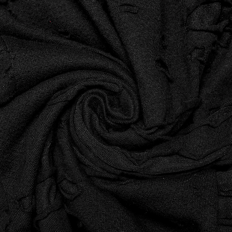 Close-up of textured black knitted fabric with intentional holes, perfect for Gothic Harajuku style fashion.