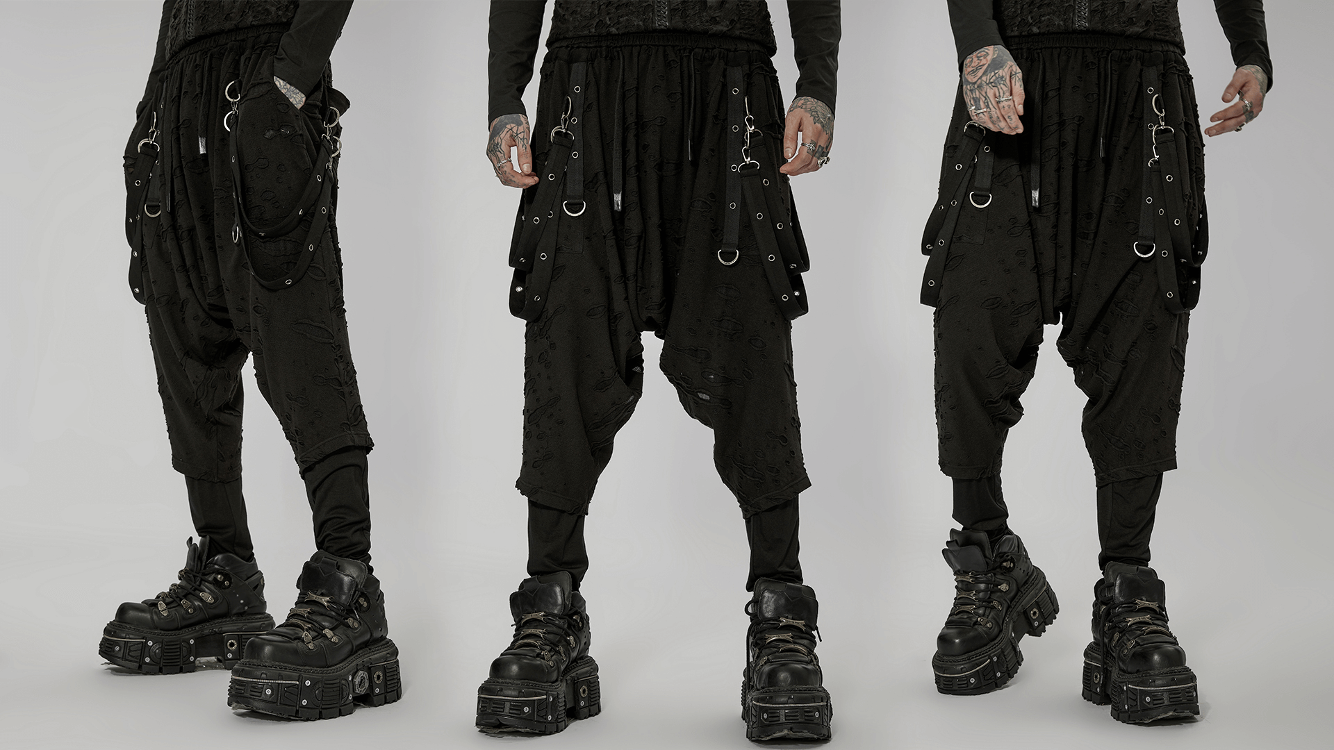 Pantalon noir gothique Harajuku avec boucles détachables