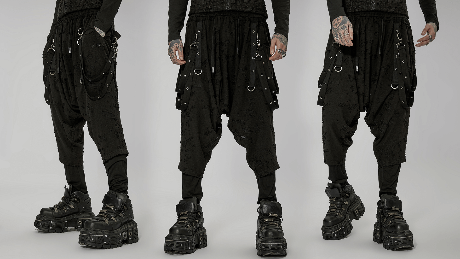 Gothic Harajuku black pants with detachable loops for edgy avant-garde style, featuring loose crotch and soft inner leggings.