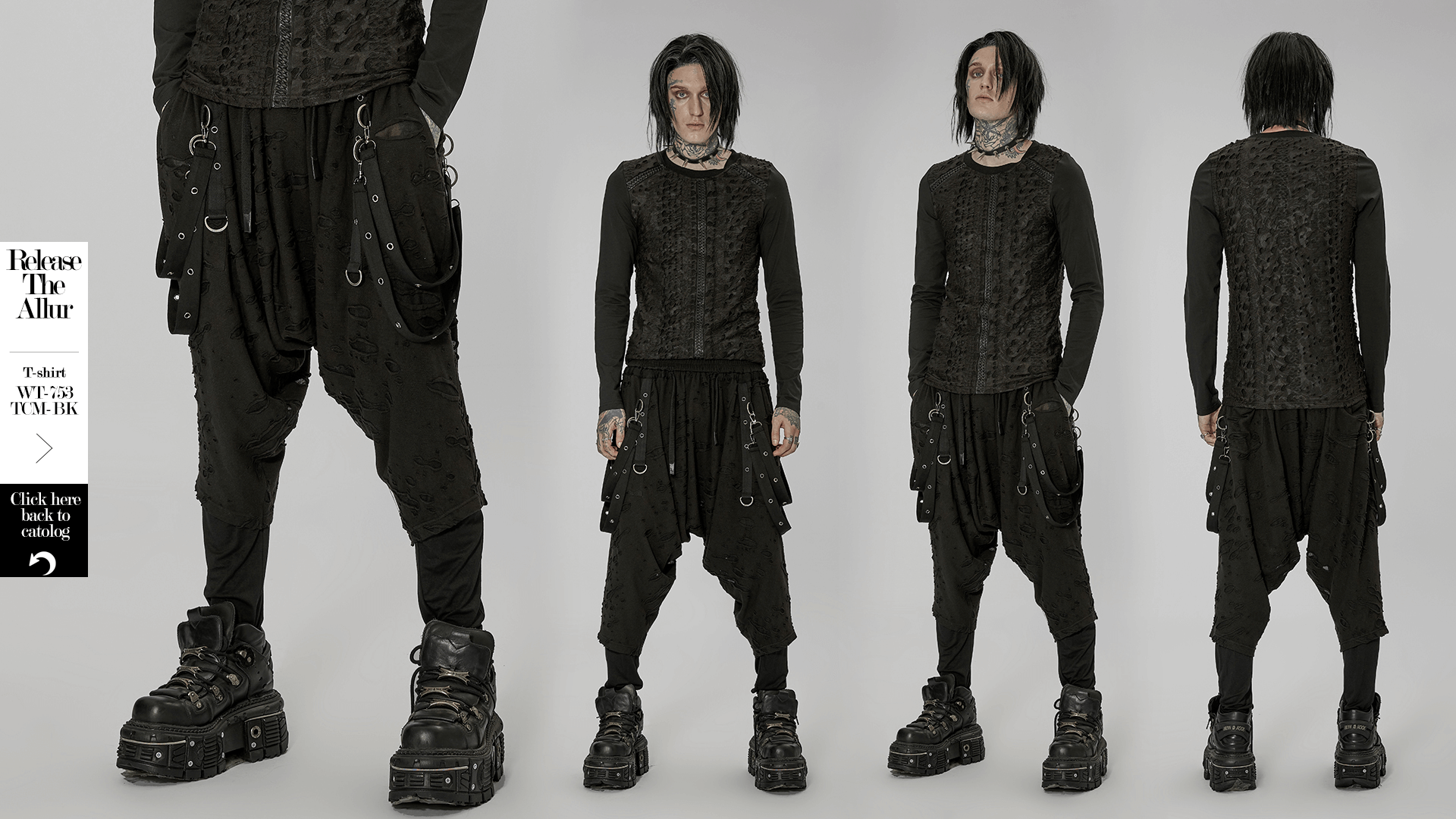 Gothic Harajuku black pants with detachable loops, featuring an avant-garde design and loose crotch style.