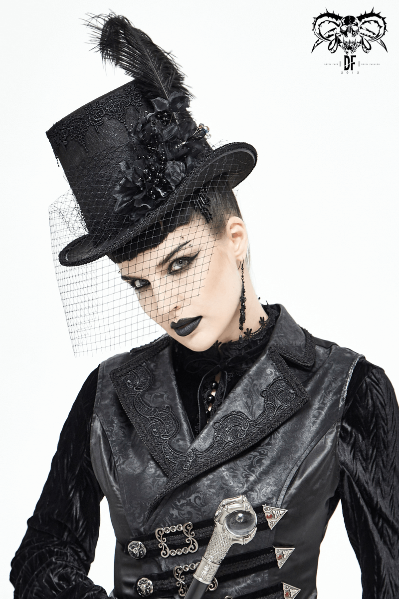 Gothic black hat with detachable feather, vintage top hat adorned with 3D flowers, styled elegantly.