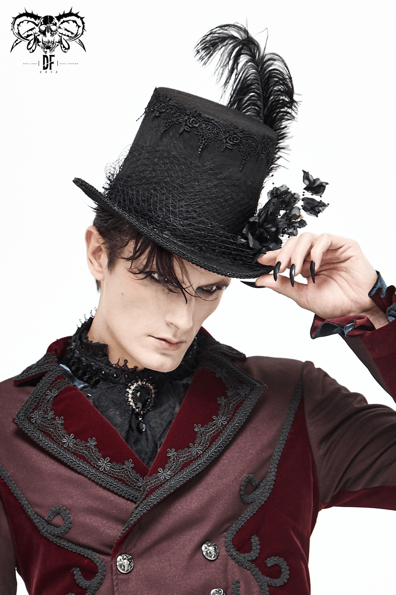 Gothic black top hat with feathers and fabric flowers, stylish unisex accessory for vintage fashion lovers.