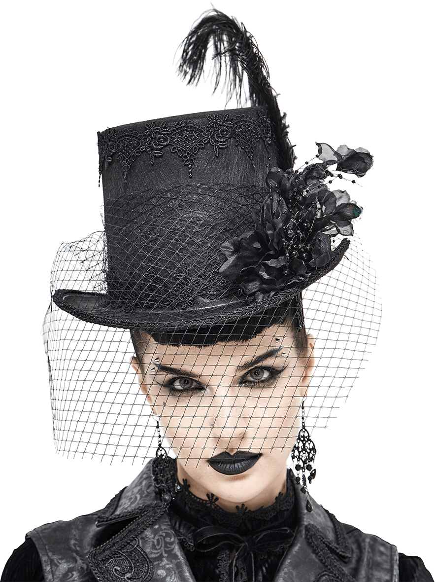 Gothic black top hat with detachable feather and 3D flowers, perfect vintage accessory for a unique style.