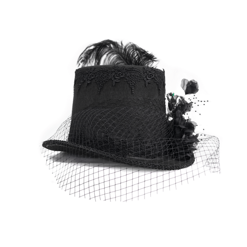 Gothic black top hat with detachable feather, 3D fabric flowers, and vintage lace, perfect for adding elegance to any outfit.