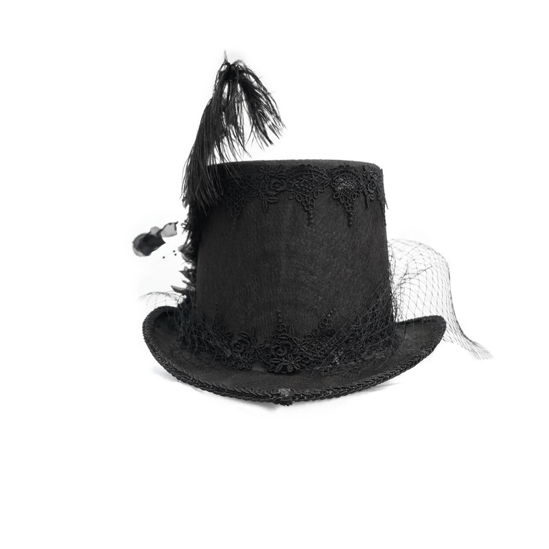 Elegant black gothic top hat with detachable feather and vintage lace details, perfect for unisex fashion.