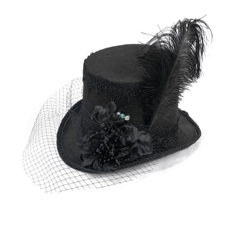 Gothic black hat with detachable feather and large 3D fabric flowers, perfect for vintage-themed outfits.