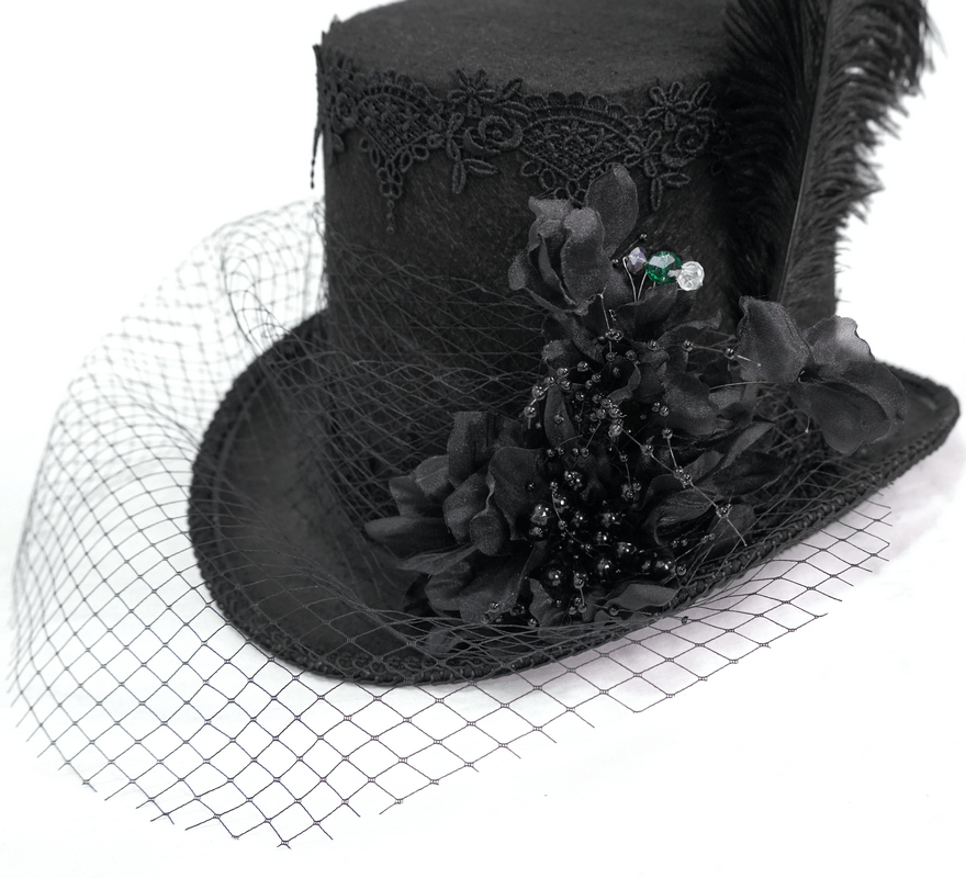 Elegant black gothic top hat with detachable feather and 3D fabric flowers, perfect vintage accessory for any wardrobe.