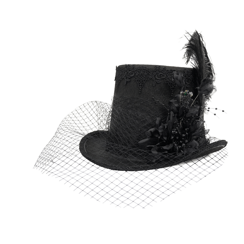 Elegant black gothic hat with detachable feather and 3D fabric flowers, perfect vintage accessory for any outfit.