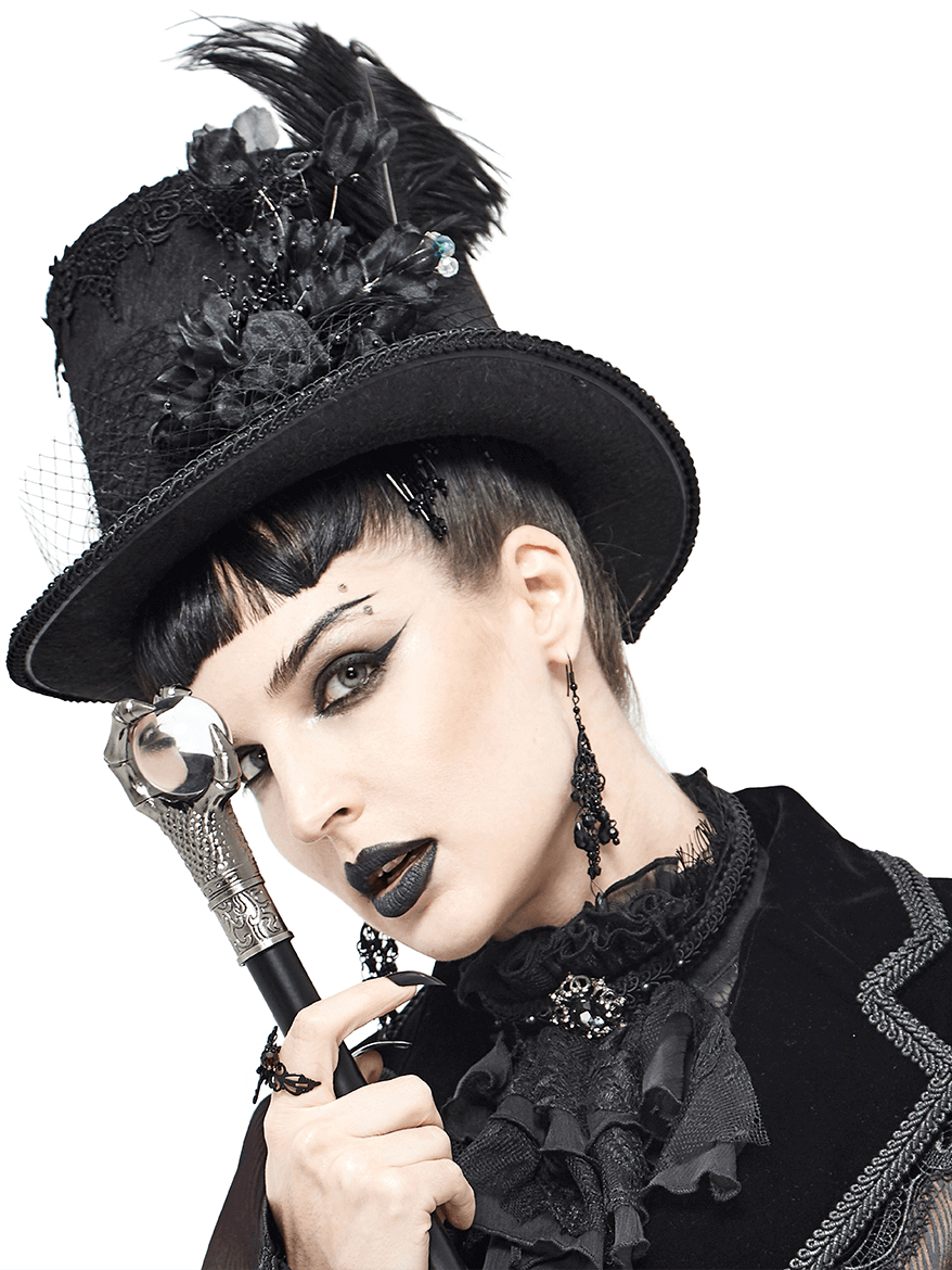 Gothic unisex top hat with detachable feather and 3D fabric flowers, styled elegantly for a bold vintage look.