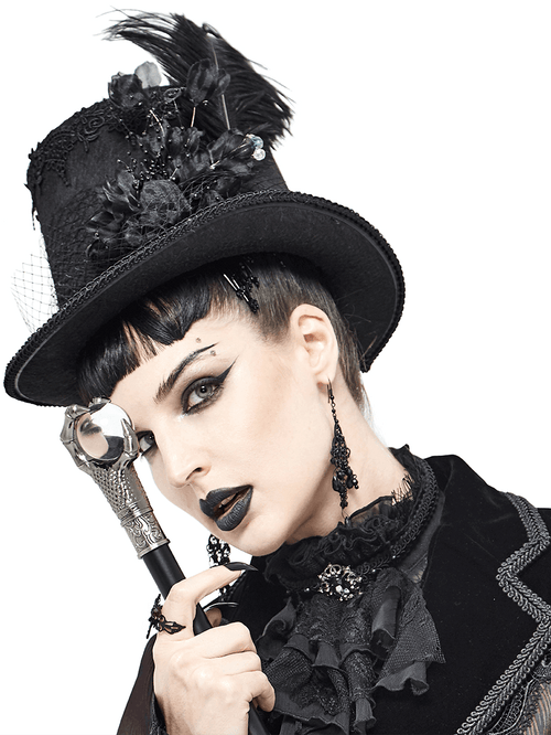 Gothic Hat with Detachable Feather / Unisex Top Hat with Large 3D Fabric Flowers