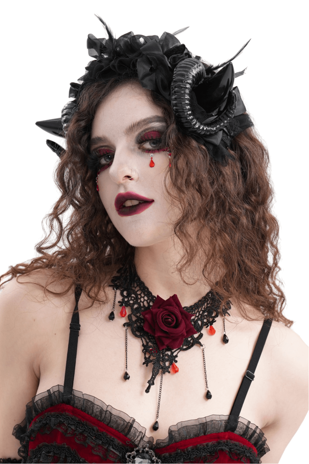 Gothic Headpiece with Horns and Ribbon Ties for Dark Fashion