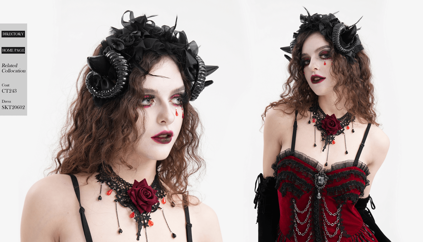 Elegant gothic headpiece with curled horns, floral accents, and ribbon ties, perfect for dark fashion lovers.