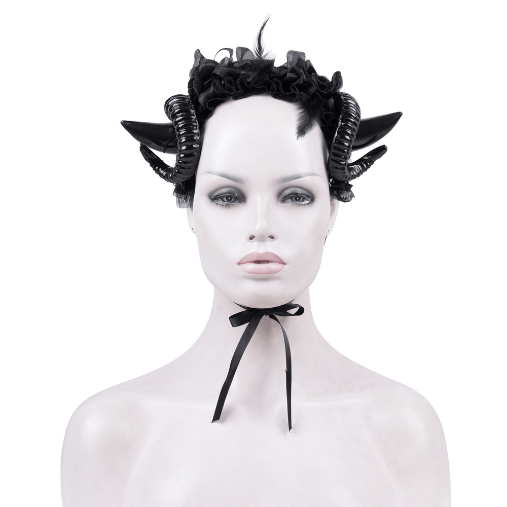 Gothic headpiece with curled horns and black ribbon ties, perfect for dark fashion enthusiasts.