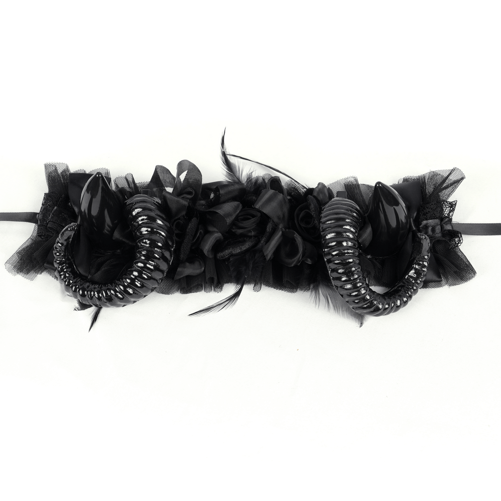 Gothic headpiece with bold horns, floral accents, and sleek ribbon ties for dark fashion enthusiasts.