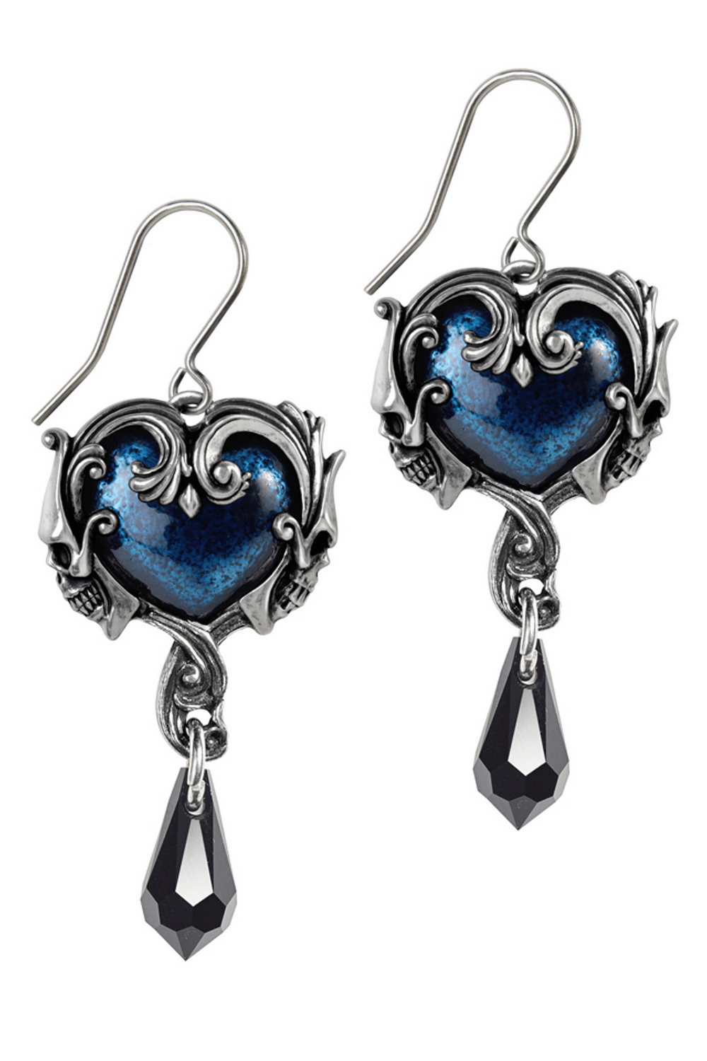 Gothic heart and skull drop earrings with black crystal and blue enamel, perfect for dark romance lovers.