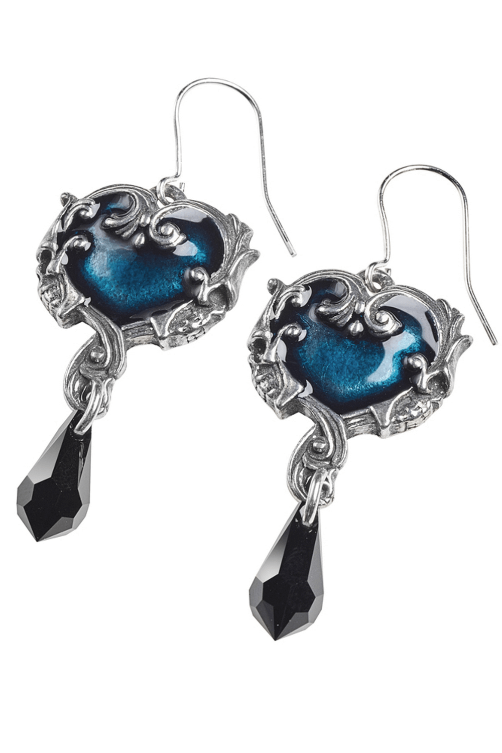 Gothic heart and skull drop earrings with black crystal charm and blue enamel, perfect for dark romance lovers.