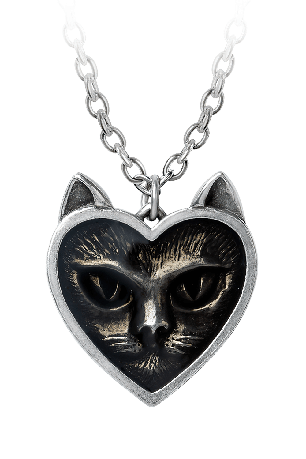 Gothic Heart Cat Pendant Necklace with smoky enamel detail showcasing a sculpted feline face.