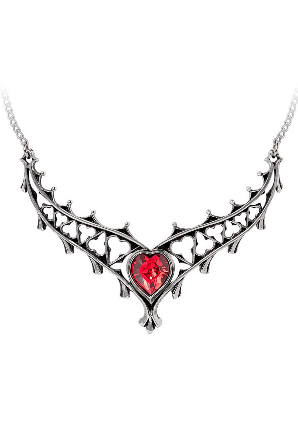 Gothic Heart Crystal Necklace With Ornate Tudor Design featuring red crystal and intricate heart cut-outs.