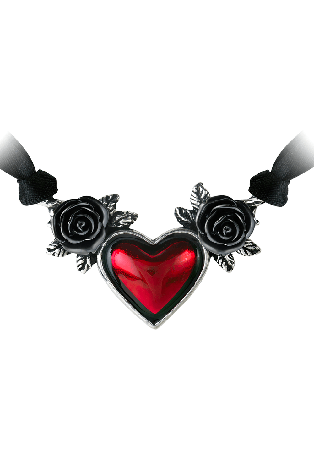 Gothic heart necklace with black roses and blood red center on black ribbon, perfect for dark romance lovers.