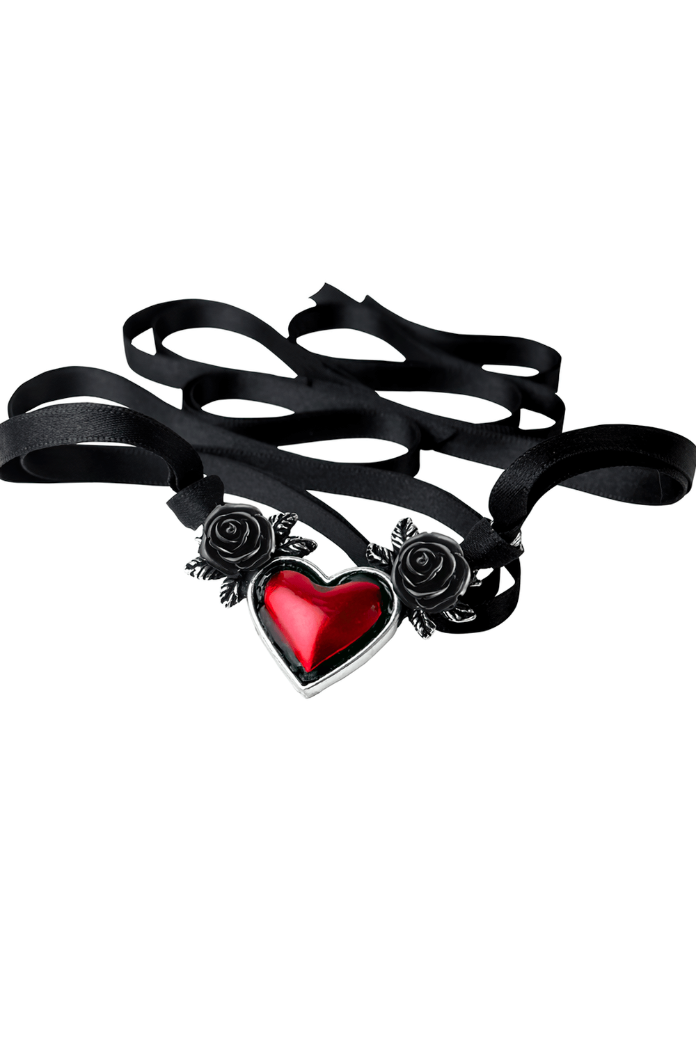 Gothic heart necklace with black roses and red center on black ribbon, symbolizing passion and dark romance.