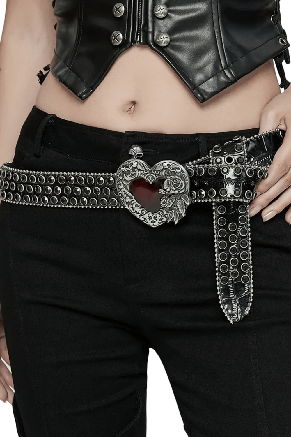 Gothic Heart Shape Black Belt with Rhinestones